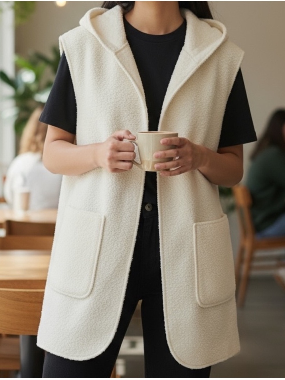 Joie Cream Sherpa Teddy Knit Hooded Long Line Vest Size M